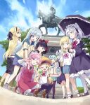  aqua_skirt black_hair blonde_hair blue_eyes blush breasts commentary_request date_masamune_(real_life) dress else_shileska elze_silhoueska full_body green_eyes grey_hair hair_between_eyes hair_ornament hairband highres hildegard_minas_restia isekai_wa_smartphone_to_tomo_ni. kokonoe_yae layered_dress leen_(isekai_wa_smartphone_to_tomo_ni.) linse_shileska lolita_fashion long_hair looking_at_viewer lucia_rea_regulus miyagi_prefecture multiple_girls necktie open_mouth original pink_hair princess real_world_location sakura_(isekai_wa_smartphone_to_tomo_ni.) sendai_(city) short_necktie skirt smile solo soucie_elnea_ortlinde standing usatsuka_eiji yumina_elnea_belfast 
