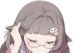  1girl adjusting_hair animal_ears blush brown_hair closed_eyes commentary ear_blush english_commentary estelle_(vtuber) glasses hair_ornament highres implied_fellatio indie_virtual_youtuber kutsusama long_hair out-of-frame_censoring sheep_ears sheep_girl sheep_hair_ornament sweatdrop virtual_youtuber white_background 