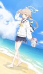  1girl :d animal_bag arm_at_side arm_up backpack bag bare_legs barefoot beach black_bow blonde_hair blue_archive blue_sailor_collar blue_skirt bow bowtie buttons cardigan cloud commentary_request day dutch_angle from_side full_body hair_bow hair_ornament halo heel_up hifumi_(blue_archive) highres higri424 holding holding_shoes holding_unworn_clothes horizon lens_flare long_hair long_sleeves looking_at_viewer looking_to_the_side low_twintails lower_teeth_only miniskirt multi-source_commentary ocean open_bag open_mouth outdoors peroro_(blue_archive) petticoat sailor_collar sand shading_eyes shoes sideways_glance sideways_mouth skirt smile sneakers solo standing teeth twintails unworn_shoes walking white_bag white_cardigan white_shoes wing_hair_ornament winged_halo yellow_bow yellow_bowtie yellow_eyes yellow_halo yellow_pupils 
