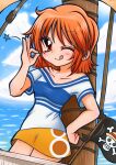  1girl 2000s_(style) blue_sky blush chu-chuns cloud cloudy_sky hand_on_own_hip highres jolly_roger looking_at_viewer nami_(one_piece) ocean ok_sign one_eye_closed one_piece orange_hair orange_skirt outdoors ship short_hair skirt sky solo straw_hat_pirates tongue tongue_out watercraft waves 