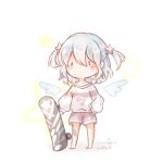  1boy alternate_costume angel_wings bandaid bandaid_on_knee bandaid_on_leg bare_legs barefoot black_eyes blush_stickers brown_shorts casual chibi chinese_commentary clothes_writing commentary_request detached_wings facial_mark four-pointed_star hair_between_eyes hair_ornament hand_in_pocket holding holding_skateboard interruption_(echo-023) leonid_(shining_nikki) long_sleeves looking_ahead male_focus marking_on_cheek medium_hair mini_wings nikki_(series) no_mouth off-shoulder_sweater off_shoulder print_shorts print_sweater puffy_long_sleeves puffy_sleeves shadow shining_nikki shorts signature skateboard solid_oval_eyes solo star_(symbol) star_facial_mark star_hair_ornament star_print star_symbol_background sweater two_side_up white_background white_hair white_sweater white_wings wings 