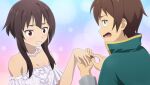  1boy 1girl averting_eyes bare_shoulders blue_background bow breasts brown_hair bubble_background cape clenched_teeth constricted_pupils dress dress_bow frilled_sleeves frills from_side game_asset gradient_background green_cape green_eyes grey_shirt highres holding_hands jewelry kono_subarashii_sekai_ni_shukufuku_wo! kono_subarashii_sekai_ni_shukufuku_wo!_kono_yokubukai_game_ni_shinpan_o! long_sleeves looking_at_another marriage_proposal megumin necklace non-web_source off-shoulder_dress off_shoulder official_art open_mouth ornate_ring pearl_necklace pink_background red_eyes ring satou_kazuma self-datamine shirt short_hair short_hair_with_long_locks short_sleeves small_breasts standing sweat teeth upper_body wedding_dress wedding_ring white_bow white_dress 
