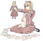 1girl alice's_adventures_in_wonderland alice_(alice_in_wonderland) blonde_hair bow_hairband card commentary_request doll dress full_body hairband holding holding_doll honya_lala long_sleeves mary_janes medium_hair neco_z_alenky oekaki open_mouth pink_dress playing_card shoes sitting socks solo wariza white_background white_rabbit_(alice_in_wonderland) white_socks 