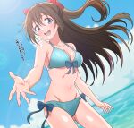  1girl absurdres bikini blue_bikini blurry blurry_background blush breasts brown_hair day feet_out_of_frame highres long_hair looking_at_viewer love_live! love_live!_nijigasaki_high_school_idol_club navel ocean open_mouth osaka_shizuku outdoors shinonome_sakura solo standing swimsuit translated water 
