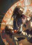  2girls akemi_homura akemi_homura_(magical_girl) analog_clock black_hair black_shirt black_skirt bow bowtie braid brown_vest capelet chinese_commentary clock closed_eyes commentary_request dreamon_(bujingniao723) dual_persona glasses hairband highres long_hair long_sidelocks long_sleeves magical_girl mahou_shoujo_madoka_magica mahou_shoujo_madoka_magica_(anime) mitakihara_school_uniform multiple_girls neck_ribbon open_mouth plaid_clothes plaid_skirt pleated_skirt puffy_long_sleeves puffy_sleeves purple_capelet purple_eyes purple_hairband purple_skirt red-framed_eyewear red_bow red_bowtie red_ribbon red_trim ribbon roman_numeral school_uniform semi-rimless_eyewear shirt sidelighting sidelocks skirt twin_braids under-rim_eyewear vest white_shirt wing_collar 