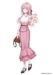  1girl arm_cuffs bag belt black_shoes bracelet breasts brown_bag brown_belt closed_mouth commentary company_name copyright_name copyright_notice dress floral_print floral_print_skirt handbag high-waist_dress highres jewelry long_hair long_skirt looking_at_viewer medium_breasts mikogami_kotone nijisanji official_art pink_dress pink_eyes pink_hair print_skirt second-party_source shirt shirt_tucked_in shoes simple_background skirt sleeveless sleeveless_shirt smile solo virtual_youtuber white_background white_shirt yutsumoe 