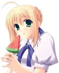  ahoge artist_request artoria_pendragon_(all) blonde_hair blouse fate/stay_night fate_(series) food fruit green_eyes popsicle saber solo watermelon watermelon_bar 