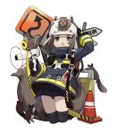  1girl animal_ear_helmet animal_ears animal_helmet arknights arm_up black_gloves black_jacket black_shorts black_thighhighs brown_eyes brown_hair caution_tape commentary_request cropped_legs firefighter firefighter_helmet firefighter_jacket gloves helmet holding jacket jacknavy large_tail long_sleeves looking_at_viewer open_mouth road_sign shaw_(arknights) short_hair short_shorts shorts sign simple_background solo squirrel squirrel_ears squirrel_girl squirrel_tail tail teeth thighhighs traffic_cone upper_teeth_only warning_sign white_background white_helmet 