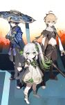  1girl 2boys absurdres aether_(genshin_impact) ahoge anemo_symbol_(genshin_impact) aqua_gem arm_armor baggy_pants bare_shoulders belt black_belt black_boots black_bow black_bridal_gauntlets black_hakama black_sandals black_shorts black_socks black_tank_top blonde_hair blue_cape blue_hat blunt_ends boots bow bracelet braid bridal_gauntlets brown_belt brown_pants brown_shirt cape closed_mouth covered_collarbone cross-shaped_pupils crossed_arms detached_sleeves dress full_body gem genshin_impact gold_bracelet gold_necklace gold_ring gold_trim gradient_hair green_eyes green_hair green_sleeves hair_between_eyes hair_ornament hair_ribbon hair_tubes hakama hakama_shorts hand_up hat heart heart_hair_ornament height_difference highres holding holding_sword holding_weapon japanese_clothes jewelry jingasa leaf_hair_ornament leg_warmers long_hair looking_at_viewer low-braided_long_hair low-tied_long_hair mandarin_collar midriff multicolored_hair multiple_boys nahida_(genshin_impact) navel necklace open-toe_boots open_clothes open_shirt pants parted_bangs pointy_ears purple_eyes purple_hair ribbon sandals scaramouche_(genshin_impact) scarf shadow shirt short_hair short_sleeves shorts side_ponytail sidelocks silver_sword_(genshin_impact) single_braid single_hair_tube sleeveless sleeveless_dress smile socks standing star_(symbol) sword symbol-shaped_pupils tank_top tassel two-tone_hair vision_(genshin_impact) wanderer_(genshin_impact) weapon white_boots white_dress white_hair white_leg_warmers white_ribbon white_scarf white_shirt yellow_eyes zeroartwo 