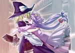  apron blonde_hair blush book bookshelf closed_eyes crescent dress grin hair_ribbon hat hug jerry kirisame_marisa library long_hair long_sleeves low-tied_long_hair multiple_girls patchouli_knowledge purple_eyes purple_hair ribbon skirt smile touhou tress_ribbon voile witch_hat 