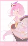  1girl ;) absurdres blue_eyes border breasts chinese_commentary cleavage commentary_request dress elysia_(honkai_impact) elysia_(miss_pink_elf)_(honkai_impact) hair_ornament highres honkai_(series) honkai_impact_3rd long_hair looking_at_viewer medium_breasts official_alternate_costume one_eye_closed overboard parted_lips pink_border pink_hair simple_background smile solo v very_long_hair white_background white_dress 