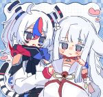  2girls :d :t @_@ ahoge black_tail blue_background blue_eyes blue_streaks blunt_bangs cheek_poking cherry_blossoms chibi chibi_only choker clothing_cutout colored_eyelashes commentary facial_mark facing_viewer floating_headgear furrowed_brow ganbaritaina_07 halftone halftone_background hand_on_another's_arm hands_up headgear heart heterochromia high_collar highres hime_cut hood hooded_jacket jacket japan_(ppfjvdjudk54073) kokkimusume long_hair long_sleeves looking_at_viewer multicolored_hair multiple_girls neck_flower nervous_sweating obi open_mouth personification poking pout puffy_sleeves red_choker red_eyes red_streaks ribbon sailor_collar sash shoulder_cutout sidelocks sleeve_cuffs smile south_korea_(ppfjvdjudk54073) streaked_hair striped_tail sweat sweatdrop tail teasing twintails two-tone_background two-tone_tail upper_body white_background white_eyelashes white_hair white_jacket white_tail wide_sleeves yellow_ribbon yin_yang 