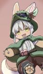  1other absurdres animal_ears artist_name belt blush body_fur brown_fur capelet commentary ears_through_headwear fang foot_out_of_frame furry goggles goggles_on_headwear green_capelet green_eyes green_hat hat hat_feather helmet highres horizontal_pupils made_in_abyss mitty_(made_in_abyss) nanachi_(made_in_abyss) narehate open_mouth orange_background pouch pumichi rabbit_ears shirt short_hair short_sleeves simple_background smile solo tail whiskers white_hair white_shirt 