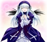  blush closed_eyes long_hair long_sleeves namamo_nanase rozen_maiden silver_hair smile solo suigintou wings 