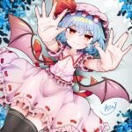  1girl absurdres back_bow bat_wings blue_hair bow brown_thighhighs closed_mouth collared_shirt commentary_request fang fang_out frilled_shirt frilled_shirt_collar frilled_skirt frills gakubutiudonn449 hat hat_ribbon highres looking_at_viewer lying medium_hair mob_cap on_back pink_hat pink_shirt pink_skirt pointy_ears puffy_short_sleeves puffy_sleeves red_bow red_eyes red_nails remilia_day remilia_scarlet ribbon ribbon-trimmed_skirt ribbon_trim shirt short_sleeves signature skirt skirt_set smile solo thighhighs touhou wings 