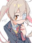  1girl black_jacket black_skirt brown_eyes closed_mouth collared_shirt commentary dot_nose eyepatch foreshortening from_above hair_between_eyes horienn0909 jacket lapels looking_at_viewer medical_eyepatch monitoring_(vocaloid) multicolored_hair onii-chan_wa_oshimai! oyama_mahiro parody pink_hair pink_streaks red_ribbon ribbon school_uniform shirt sidelocks simple_background skirt streaked_hair suit_jacket sweater two-tone_hair upper_body white_background white_shirt yellow_sweater 