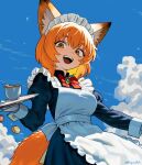  1girl :d absurdres alternate_eye_color animal_ear_fluff animal_ears apron black_dress blue_sky blush bow bowtie breasts cloud commentary cowboy_shot cup day dress english_commentary fox_ears fox_girl fox_tail gosu_mei_(sakifox) hepari highres holding holding_tray juliet_sleeves long_sleeves looking_at_viewer maid maid_headdress medium_breasts open_mouth orange_eyes orange_hair original outdoors puffy_sleeves red_bow red_bowtie short_hair sky smile solo tail teacup tray twitter_username white_apron 