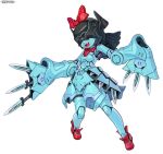  1girl :d aqua_(deltarune) aqua_theme armor artist_name bow breastplate breasts collar commentary covered_eyes deltarune english_commentary fake_horns fang faulds helmet horned_helmet horns knife lordyanyu mechanical_arms mechanical_legs mechanization open_mouth red_bow red_collar red_shoes robot_girl shoes sleeves_past_fingers sleeves_past_wrists small_breasts smile solo too_many too_many_knives utdr_(toby_fox) 