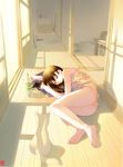  ass barefoot brown_hair camisole cat closed_eyes copyright_request iuro lingerie lying on_side panties peaceful pillow sleeping solo strap_slip underwear yellow_panties 