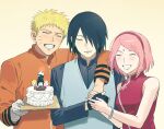  1girl 2boys arm_around_neck bandaged_hand bandages black_gloves boruto:_naruto_next_generations boruto_(series) bracelet breasts cake character_doll closed_eyes doll facial_mark fingerless_gloves food forehead_mark gloves grey_vest grin hair_over_one_eye hairband haruno_sakura hatake_kakashi highres holding holding_cake holding_food husband_and_wife jacket jewelry jungeol_(p_oxo7) medium_breasts multiple_boys naruto_(series) orange_jacket red_hairband short_hair smile team_7_(naruto) uchiha_sasuke uzumaki_naruto vest whisker_markings 