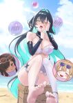  3girls absurdres aqua_hair bare_shoulders bikini black_hair blonde_hair blush breasts brown-tinted_eyewear brown_eyes brown_hair bubble cleavage closed_eyes closed_mouth colored_inner_hair commentary_request dark-skinned_female dark_skin detached_sleeves eyewear_on_head feet goddess_of_victory:_nikke hair_intakes hair_ornament hair_over_one_eye hand_on_own_cheek hand_on_own_face highres large_breasts little_mermaid_(nikke) little_mermaid_(shell_princess)_(nikke) long_hair multicolored_hair multiple_girls naga_(nikke) naga_(ring_ensemble)_(nikke) ocean official_alternate_costume official_alternate_hairstyle open_mouth outdoors purple-tinted_eyewear rilyriri shell sitting smile solo_focus swimsuit tia_(nikke) tia_(sea_lizzie)_(nikke) tinted_eyewear very_long_hair water white_bikini yellow_eyes 