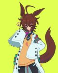  1girl agnes_tachyon_(tach-nology)_(umamusume) agnes_tachyon_(umamusume) ahoge animal_ears black_necktie black_pantyhose black_shirt brown_hair coat collared_shirt commentary cowboy_shot degodraws erlenmeyer_flask flask green_background hair_between_eyes hair_intakes highres holding holding_flask horse_ears horse_girl horse_tail huge_ahoge lab_coat long_sleeves looking_at_viewer messy_hair necktie open_clothes open_coat pantyhose purple_liquid red_eyes shirt short_hair short_necktie simple_background sleeves_past_fingers sleeves_past_wrists smile solo standing sweater tail test_tube_holster umamusume white_coat yellow_sweater 