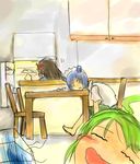  3girls @_@ ahoge artist_request barefoot blue_hair brown_hair chair fan glasses green_hair hair_ornament hairclip hot indoors long_hair maid_headdress me-tan multiple_girls os-tan refrigerator room short_hair short_sleeves sitting sketch table wavy_mouth xp-tan 