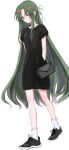  1girl bad_id bad_twitter_id bag black_dress black_shoes commentary dress full_body fuyu_(wldnrowldnro) green_eyes green_hair hair_ribbon hands_in_pockets highres higurashi_no_naku_koro_ni inactive_account long_hair looking_at_viewer parted_bangs ribbon shoes short_sleeves simple_background smile socks solo sonozaki_shion very_long_hair white_background white_socks yellow_ribbon 