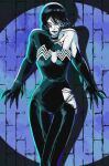  1girl absurdres alien bare_shoulders black_hair black_lips breasts chainsaw_man corruption crossover dark_persona english_commentary highres large_breasts lipstick makeup marvel pale_skin possessed reze_(chainsaw_man) skinny_argonian smile spider-man_(series) symbiote tentacles venom_(marvel) 