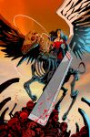  1girl absolute_dc absolute_wonder_woman amazon_warrior arm_wrap black_hair commentary dc_comics dexter_soy english_commentary fishnet_leotard fishnets highres holding holding_sword holding_weapon lasso lasso_of_truth leotard lifting_object long_hair pegasus_(absolute_dc) red_tattoo solo strapless_bodysuit superhero_costume sword tattoo tattoo_sleeve weapon wonder_woman wonder_woman_(absolute_dc) 