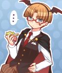  ... 1boy alternate_costume angel_beats! bat_wings black_cape black_hairband black_vest blue_background blue_eyes blunt_bangs brown_hair candy cape collared_shirt commentary_request cowboy_shot dress_shirt fake_wings food glasses hairband halloween halloween_costume hand_on_own_hip hand_up head_wings holding holding_candy holding_food looking_at_viewer male_focus nakamura_hinato necktie outline polka_dot polka_dot_background red-framed_eyewear red_necktie semi-rimless_eyewear shirt short_hair simple_background solo speech_bubble spoken_ellipsis takeyama_(angel_beats!) teardrop-framed_glasses v-shaped_eyebrows vest white_outline white_shirt wings 