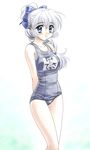  arms_behind_back bow full_metal_panic! grey_eyes hair_bow long_hair masakichi_(crossroad) name_tag one-piece_swimsuit school_swimsuit silver_hair smile solo swimsuit teletha_testarossa 