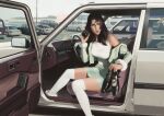  1girl artist_name breasts brown_eyes brown_hair car car_interior cellphone commentary english_commentary highres holding holding_phone holding_shoes holding_unworn_clothes jacket jewelry jn3 large_breasts long_hair looking_to_the_side motor_vehicle open_clothes open_jacket original outdoors parking_lot parted_lips phone ring shoes skirt solo steering_wheel thighhighs unworn_shoes walmart web_address white_thighhighs zettai_ryouiki 