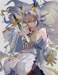  1girl arknights bead_necklace beads blonde_hair blue_hair closed_mouth collarbone commentary_request dragon_girl dragon_horns dragon_tail earrings eastern_dragon_horns eastern_dragon_tail floating_hair ga_isuto46563 green_eyes hair_intakes hair_ornament hair_spread_out hairclip highres holding holding_sword holding_weapon horns jacket jewelry long_hair looking_at_viewer necklace pants pointy_ears shirt shu_(arknights) smile solo strapless strapless_shirt sword tail tassel tassel_earrings very_long_hair very_long_tail weapon white_hair white_jacket white_pants white_shirt 
