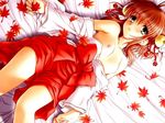  bed bell breasts copyright_request hair_bell hair_ornament hakama japanese_clothes jingle_bell kuroda_akimi leaf lying maple_leaf miko nipples open_clothes open_shirt red_hair red_hakama shirt small_breasts solo source_request topless wallpaper 