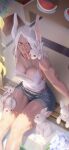  1girl absurdres animal_ears animal_on_leg animal_on_shoulder bare_legs bare_shoulders boku_no_hero_academia breasts camisole carrot cleavage collarbone commentary crescent_print dark-skinned_female dark_skin english_commentary flower food food_in_mouth fruit hair_between_eyes highres large_breasts long_eyelashes long_hair looking_at_animal mirko parted_bangs print_camisole rabbit rabbit_ears rabbit_girl rabbit_on_shoulder red_eyes short_shorts shorts sitting smile solo table tatami thick_thighs thigh_gap thighs toned toned_female watermelon white_camisole white_hair zukululuu 