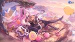  1girl artist_request azur_lane bird black_boots black_dress black_horns black_jacket blush bodysuit boots breasts brown_bodysuit bubble_tea candy cloud cloudy_sky coin commentary copyright_logo copyright_name copyright_notice cup day disposable_cup donut dress drink_carton drinking_straw english_commentary floating_island food fur-trimmed_jacket fur_dress fur_trim green_eyes hair_intakes high_ponytail holding holding_cup horns jacket large_breasts logo lollipop long_hair long_sleeves looking_at_viewer macaron manjuu_(azur_lane) max_immelmann_(azur_lane) mecha milk_carton mountain ocean official_art orange_sky oversized_food oversized_object pink_hair pointy_ears ponytail robot sky smile sunset swirl_lollipop thigh_boots thighs treasure_chest white_bird 