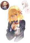  1girl absurdres blonde_hair blue_eyes blush braid command_spell cropped_torso fate/strange_fake fate_(series) formal_clothes glasses hair_ornament highres machikokom43502 medium_hair multiple_views sajou_ayaka_(bilibili_world)_(fate/strange_fake) sajou_ayaka_(fate/strange_fake) see-through_clothes see-through_sleeves simple_background solo_focus white_background 