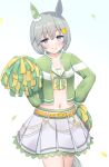  1girl animal_ears belt blue_eyes blush bow breasts ceresia8327 cheerleader commentary_request cosplay crop_top ear_covers flower green_bow green_jacket grey_hair grin hair_between_eyes hair_flower hair_ornament hairclip highres holding holding_pom_poms horse_ears horse_girl horse_tail jacket looking_at_viewer midriff navel nice_nature_(run_&amp;_win)_(umamusume) nice_nature_(umamusume) nice_nature_(umamusume)_(cosplay) open_mouth pom_pom_(cheerleading) seiun_sky_(umamusume) shirt short_hair single_ear_cover skirt small_breasts smile solo sunflower sunflower_hair_ornament tail umamusume white_shirt white_skirt yellow_belt 