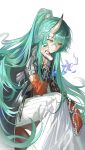  1girl absurdres arknights beads black_jacket buckle closed_mouth commentary crossed_bangs english_commentary green_hair grey_horns hair_between_eyes head_rest highres horns hoshiguma_(arknights) hoshiguma_the_breacher_(arknights) jacket long_hair long_skirt looking_down mixed-language_commentary pleated_skirt simple_background single_horn sitting skirt solo white_background white_skirt yellow_eyes yinhepongpong 