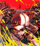  2girls attacking_viewer baseball_cap black_hair blood blood_splatter colored_blood commentary_request corpse drill_hair fading hat hatsune_miku highres jacket kasane_teto letterman_jacket looking_at_viewer motion_blur motion_lines multiple_girls post-apocalypse red_background red_eyes ruins solo_focus sweat synthesizer_v tomizu twin_drills utau vocaloid yararara_(synthesizer_v) yellow_blood 