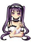  :3 artist_request bangs bare_shoulders black_frills blush bracelet breasts choker closed_mouth collarbone cropped_torso curly_hair euryale fate/hollow_ataraxia fate/stay_night fate_(series) frilled_choker frills hand_on_own_elbow hand_up head_tilt jewelry long_hair purple_eyes purple_hair sidelocks simple_background small_breasts smile solo spread_fingers stheno symbol-shaped_pupils twintails upper_body very_long_hair white_background white_choker 