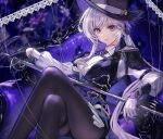  1girl black_gloves black_hat black_pantyhose black_shorts blue_eyes couch crossed_legs female_detective_(silver_palace) gloves grey_hair hat highres holding holding_sword holding_weapon long_hair long_sleeves looking_at_viewer md5_mismatch on_couch pantyhose parted_lips red_pupils saint_laurent_paris shirt shorts silver_palace sitting solo sword thigh_strap vest waistcoat weapon white_gloves white_shirt 