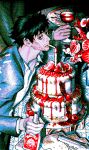  2boys alcohol ayabe_kazuya banknote black_eyes black_hair bottle cake candle collared_shirt cup dithering facial_hair food fruit gun highres jacket judge_eyes kuroiwa_mitsuru looking_at_viewer male_focus mature_male money multiple_boys out_of_frame plant pomegranate ryuu_ga_gotoku_(series) shirt smoke stubble syrup table weapon white_shirt zain 