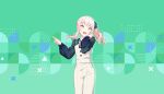  1other :d akiyama_mizuki asenai_ima_wo_ayatte_(project_sekai) blue_background blue_shirt bow bowtie buttons collared_shirt colorful_palette cowboy_shot dot_nose drill_hair drill_ponytail drill_sidelocks earrings game_asset gold_trim gradient_clothes gradient_shirt green_background green_ribbon green_shirt hair_ribbon hands_up high_side_ponytail highres index_finger_raised jewelry light_blush long_hair long_sidelocks long_sleeves official_alternate_costume official_art open_mouth other_focus pants pink_eyes pink_hair ponytail project_sekai puffy_long_sleeves puffy_sleeves ribbon shirt side_ponytail sidelocks smile solo standing third-party_source tongue triangle two-tone_background white_bow white_bowtie white_pants 