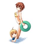  akane_yuki artoria_pendragon_(all) bikini blonde_hair breasts brown_eyes brown_hair chibi fate/stay_night fate_(series) fujimura_taiga innertube large_breasts multiple_girls saber sideboob swimsuit 