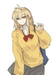  1girl antenna_hair arcueid_brunestud bag black_skirt blonde_hair bow bowtie breasts cleavage collared_shirt cowboy_shot cropped hair_between_eyes hand_up jonyeld long_sleeves looking_at_viewer loose_bowtie medium_hair paw_pose pleated_skirt red_eyes school_bag school_uniform shirt shoulder_bag simple_background single_hair_intake skirt smile solo sweater tsukihime white_background wide_sleeves yellow_sweater 