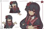  1girl armband black_capelet black_hair black_shirt blank_eyes capelet chibi chibi_inset closed_eyes collared_shirt crossed_arms crown edm5rzepsg7122 flower hair_flower hair_ornament long_hair long_sleeves looking_at_viewer mahou_shoujo_no_majo_saiban mini_crown multiple_views necktie nikaido_hiro open_mouth red_armband red_eyes red_flower red_necktie sakuraba_ema shirt shrugging side_capelet simple_background smile white_background white_shirt 