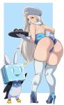  1girl absurdres animal_ear_hairband animal_ears ass bird blue_leotard blue_lips bow bowtie breasts eiscue eiscue_(ice) fake_animal_ears gloves hairband hat highres holding holding_tray huge_ass ice ice_cube leaning_forward leotard long_hair mature_female melony_(pokemon) o3o oro_(aaaoro) penguin playboy_bunny poke_ball pokemon pokemon_(creature) pokemon_sword_and_shield presenting_own_ass presenting_own_body rabbit_ear_hairband rabbit_ears sideboob strapless strapless_leotard thick_thighs thighhighs thighs tray ultra_ball ushanka white_gloves white_hair white_thighhighs 