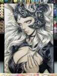  1girl 2020 animal_ears arrow_(projectile) black_helmet black_shirt breasts cleavage cleavage_cutout clothing_cutout commentary dark-skinned_female dark_skin english_commentary final_fantasy final_fantasy_xii fran_(ff12) grey_hair helmet highres holding large_breasts long_hair looking_at_viewer marker_(medium) photo_(medium) pink_eyes rabbit_ears rabbit_girl revealing_clothes shirt signature simple_background solo stanley_lau traditional_media 
